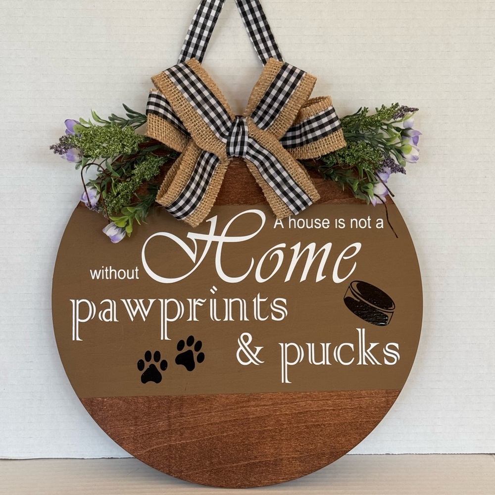 Rustic Brown Home Accent Sign For Families Who Love Dogs & Hockey - Picture 2 of 2